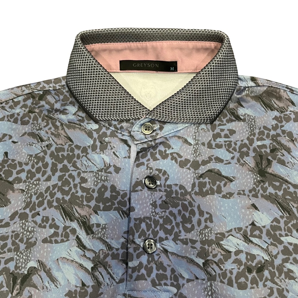 Greyson Polo Shirt Mens Medium Blue Abstract Leopard Print Performance Golf Top